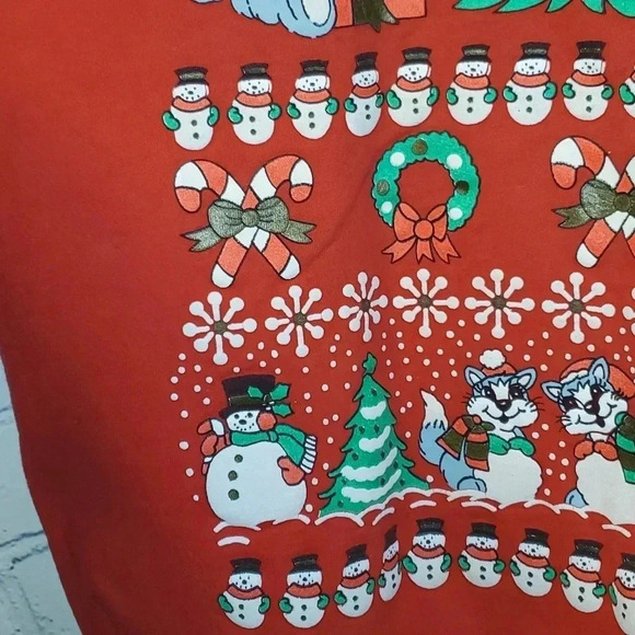 Vtg Hanes Comfort Blend Red Cat Tree Snowman Christmas Sweatshirt Size XL - Picture 4 of 11